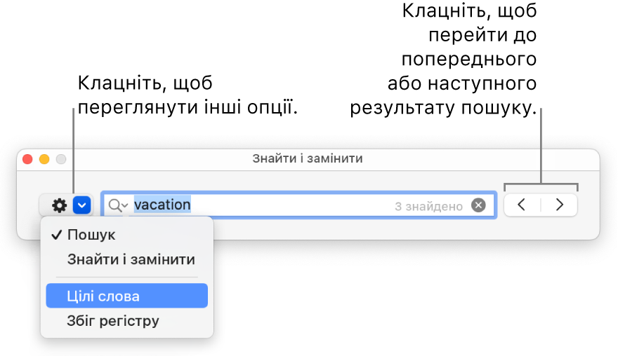 Вікно «Пошук і заміна» з виносками на кнопки параметрів «Пошук», «Пошук і заміна», «Цілі слова» або «Збіг регістру». Стрілки праворуч дають змогу перейти до попереднього або наступного результату пошуку.