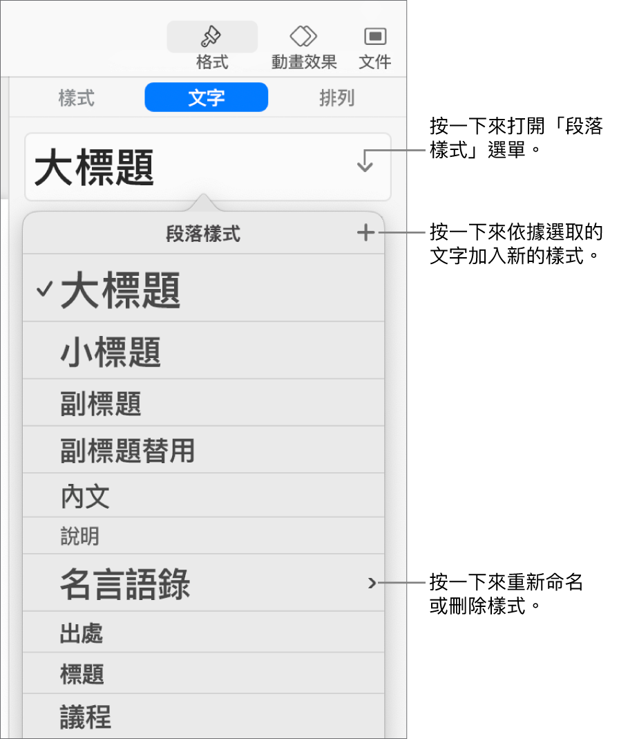 「段落樣式」選單，顯示用於加入或更改樣式的控制項目。