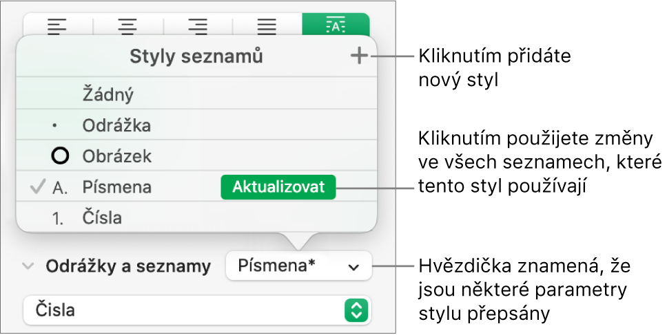 Místní nabídka Styly seznamů s hvězdičkou, která informuje o existenci přepisu, a s popisky u tlačítka Nový styl a podnabídky voleb pro správu stylů