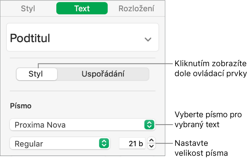 Textové ovládací prvky pro nastavení písma a velikosti písma v části Styl na bočním panelu Formát