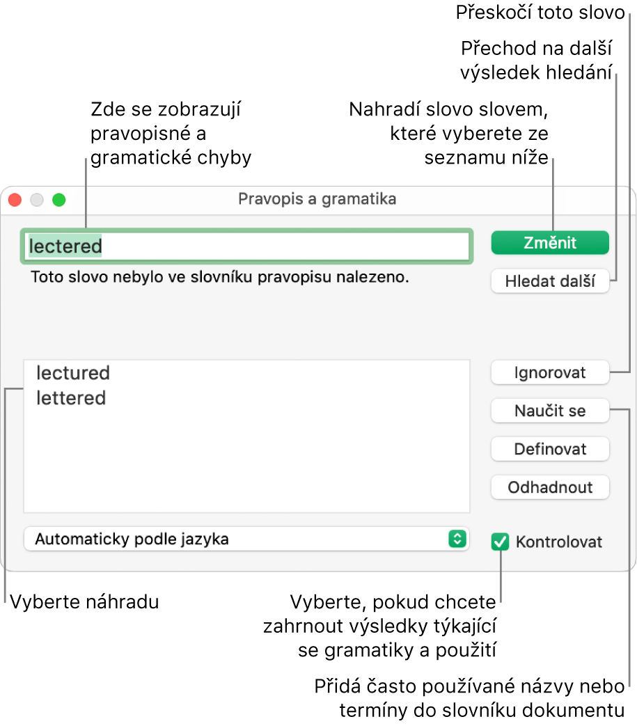 Okno Pravopis a gramatika