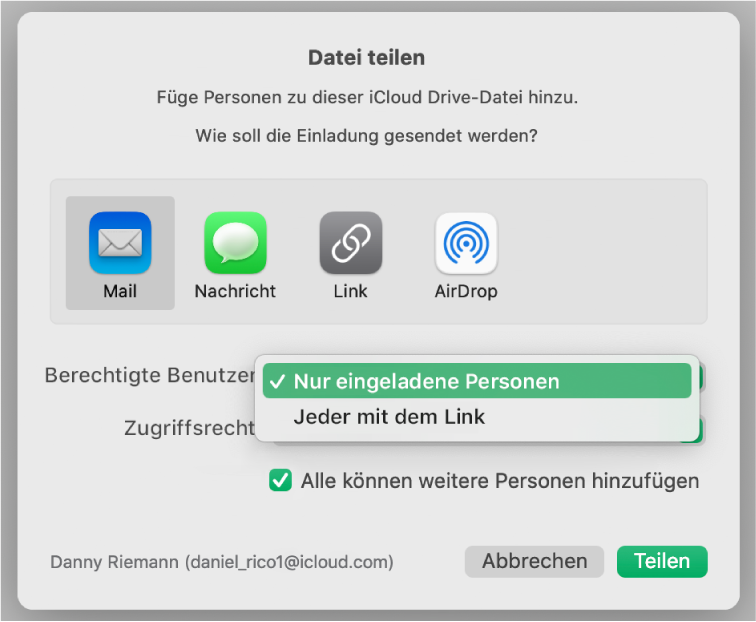 Das Dialogfenster für die Zusammenarbeit mit dem geöffneten Einblendmenü „Berechtigte“ und der ausgewählten Option „Eingeladene Personen“.