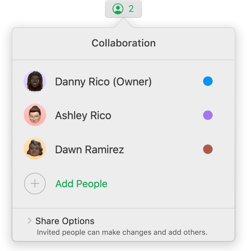 The Collaboration menu showing the names of people collaborating on the spreadsheet. Share options are below the names.