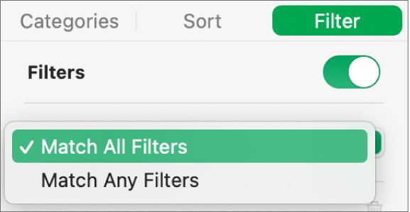 The pop-up menu to choose between showing rows that match all filters or any filter.