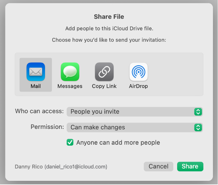 The collaboration settings window with a Share button at the bottom.