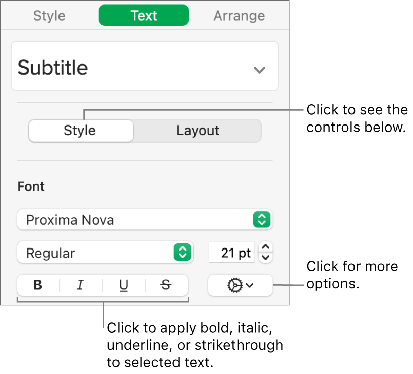 The Style controls in the sidebar with callouts to the Bold, Italic, Underline, and Strikethrough buttons.