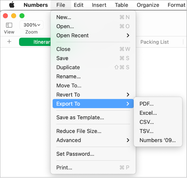 The File menu open with Export To selected, with its submenu showing export options for PDF, Excel, CSV, and Numbers ’09.