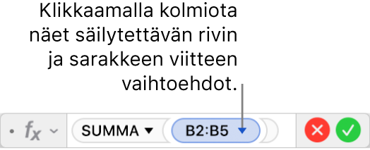 Kaavan muokkaaja, jossa näkyy, miten alueviittauksen rivi ja sarake säilytetään.