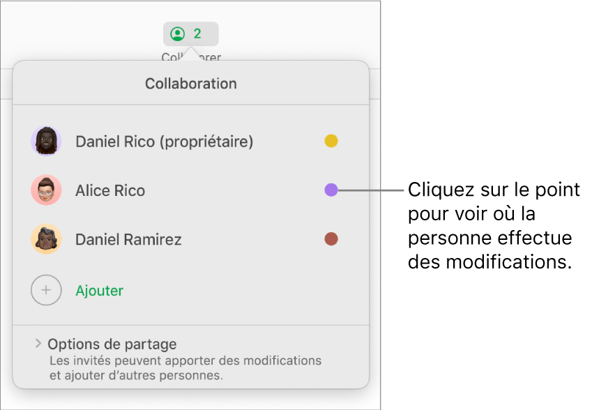 La liste des participants comprend trois participants et un point de couleur différente à droite de chaque nom.