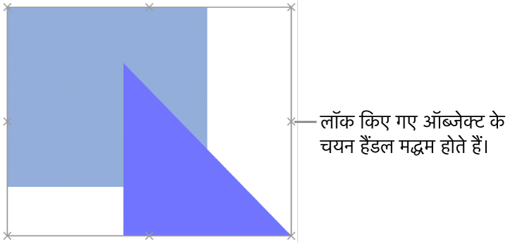 अस्पष्ट चयन हैंडल वाले लॉक किए गए ऑब्जेक्ट।