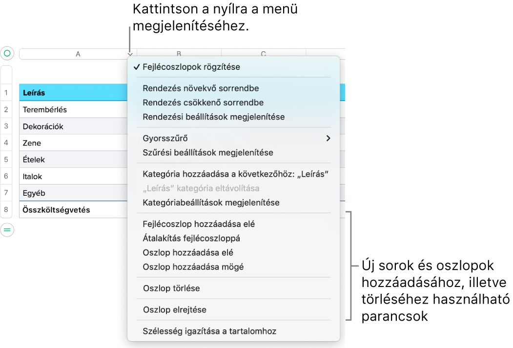 A táblázat oszlopmenüje az oszlopok és sorok hozzáadásának vagy törlésének parancsaival.