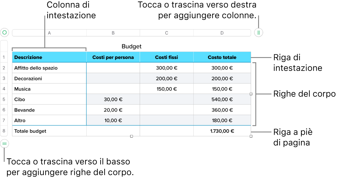 Tabella con righe e colonne di intestazione, corpo e piè di pagina, nonché le maniglie per aggiungere o eliminare righe o colonne.