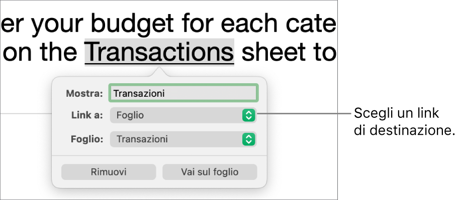 I controlli dell’editor dei link con un campo Mostra, il menu a comparsa “Link a” (con Foglio selezionato) e il menu a comparsa Foglio (con selezionato un foglio chiamato Obblighi). Nella parte inferiore della finestra a comparsa sono presenti i pulsanti “Rimuovi” e “Vai al foglio”.