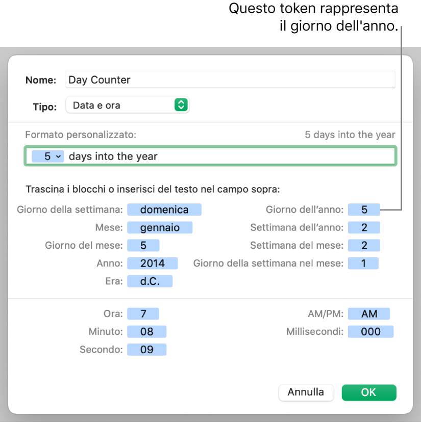 Formato personalizzato di celle di data e ora.