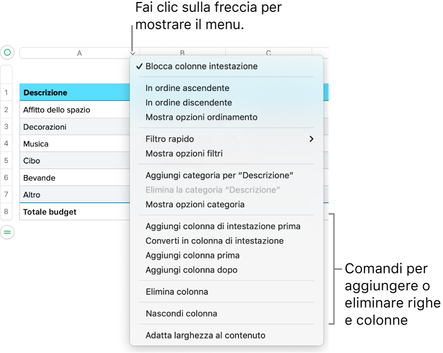 Menu della colonna della tabella con i comandi per aggiungere o eliminare righe e colonne.