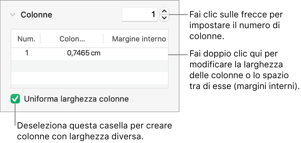 Controlli nella sezione Colonne per la modifica del numero di colonne e della larghezza di ogni colonna.