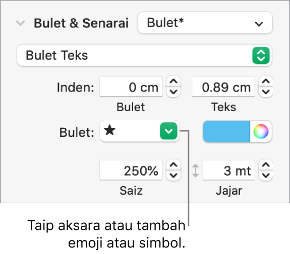 Bahagian Bulet & Senarai daripada bar sisi Format. Medan Bulet menunjukkan emoji bintang.