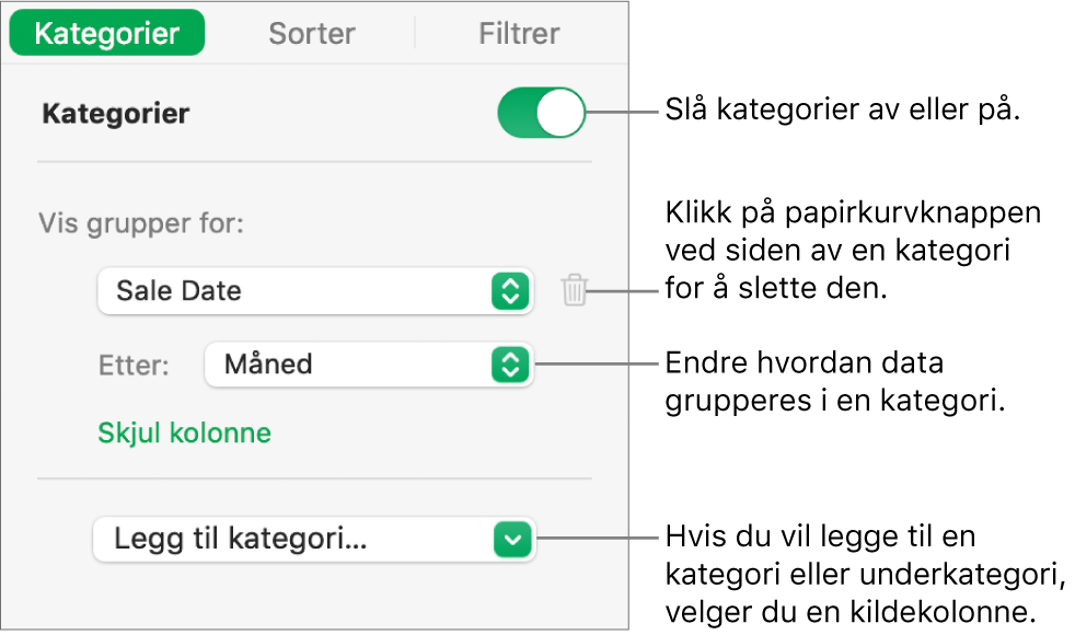 Kategorisidepanelet med alternativer for å slå av kategorier, slette kategorier, omgruppere data, skjule en kildekolonne og legge til kategorier.