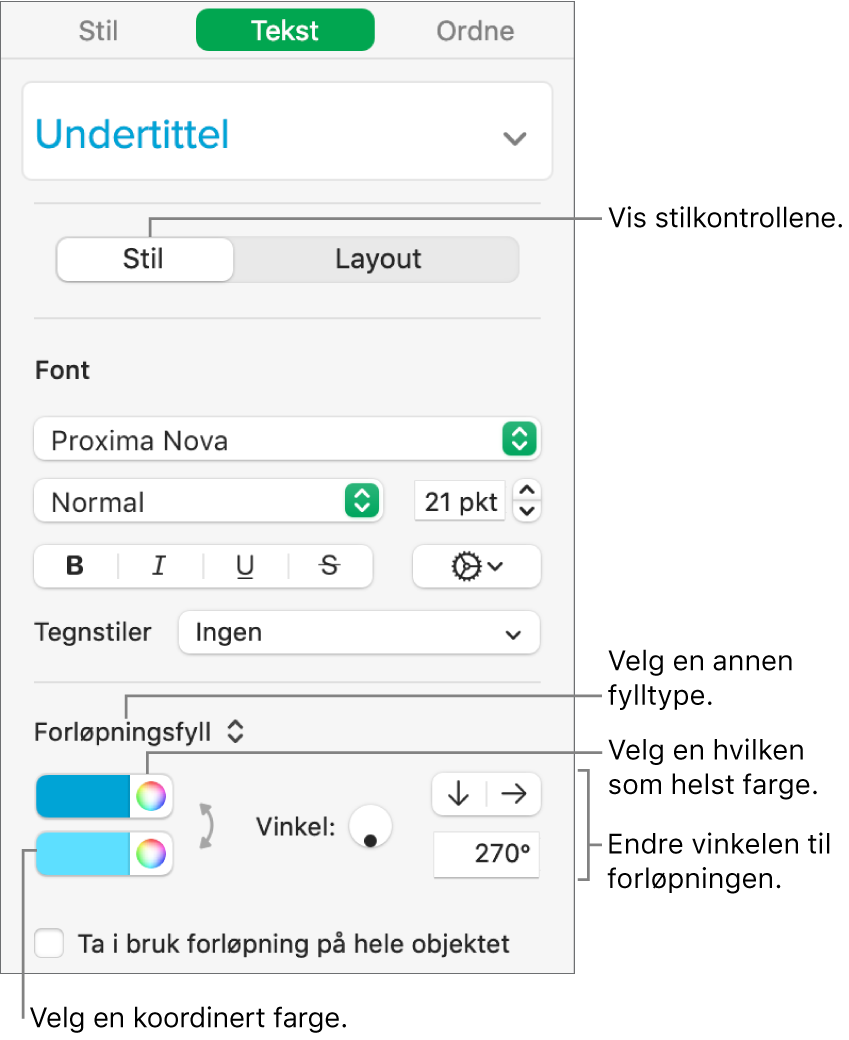 Tekst-sidepanelet, som viser hvordan du endrer fargen på tekst.