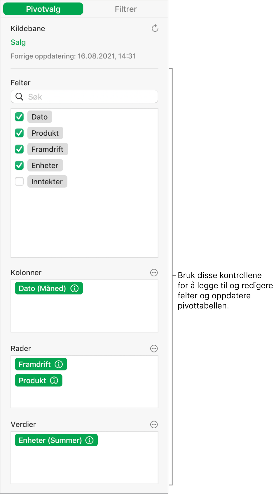 Menyen Pivotvalg med felt i inndelingene Kolonner, Rader og Verdier, samt kontroller for å redigere feltene og oppdatere pivottabellen.