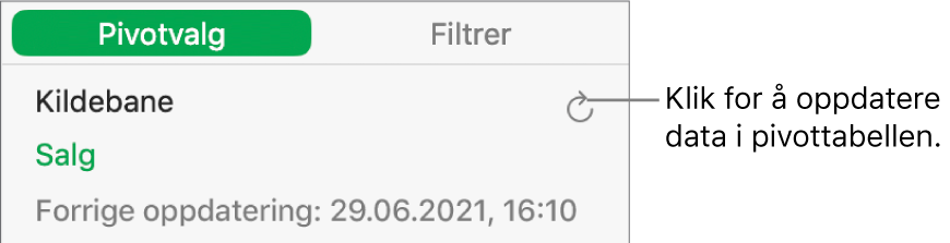 Pivotvalg-fanen med valget for å oppdatere pivottabellen.