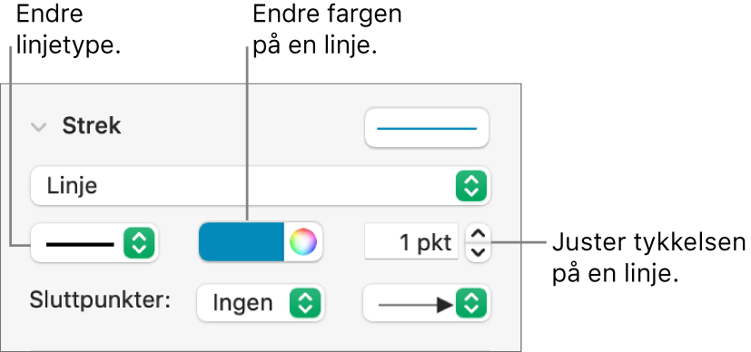 Strekkontroller for å angi sluttpunkter, linjetykkelse og farge.