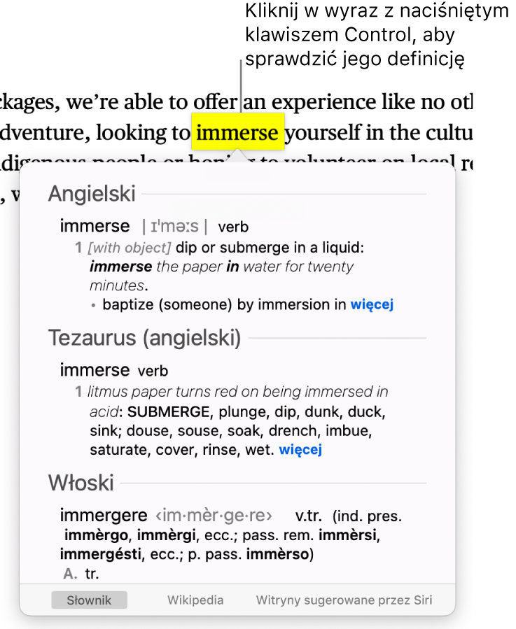 Tekst z wyróżnionym wyrazem oraz oknem zawierającym jego definicję i hasło z tezaurusa. Na dole znajdują się trzy przyciski z łączami do słownika, Wikipedii oraz witryn sugerowanych przez Siri.