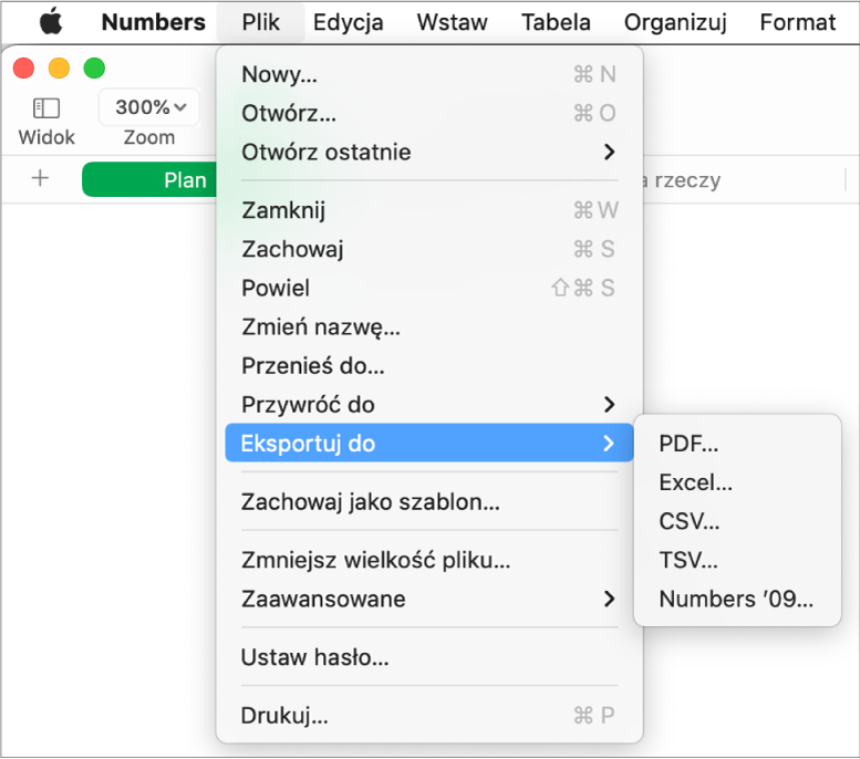 Otwarte menu Plik z wybranym podmenu Eksportuj do. Opcje dostępne w podmenu to: PDF, Excel, CSV i Numbers '09.