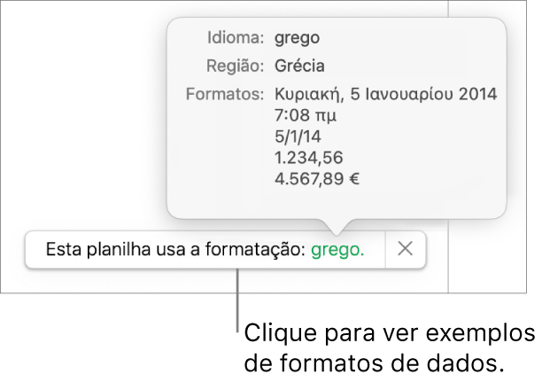 A notificação da configuração diferente de idioma e região, com exemplos de formatação no idioma e região diferentes.