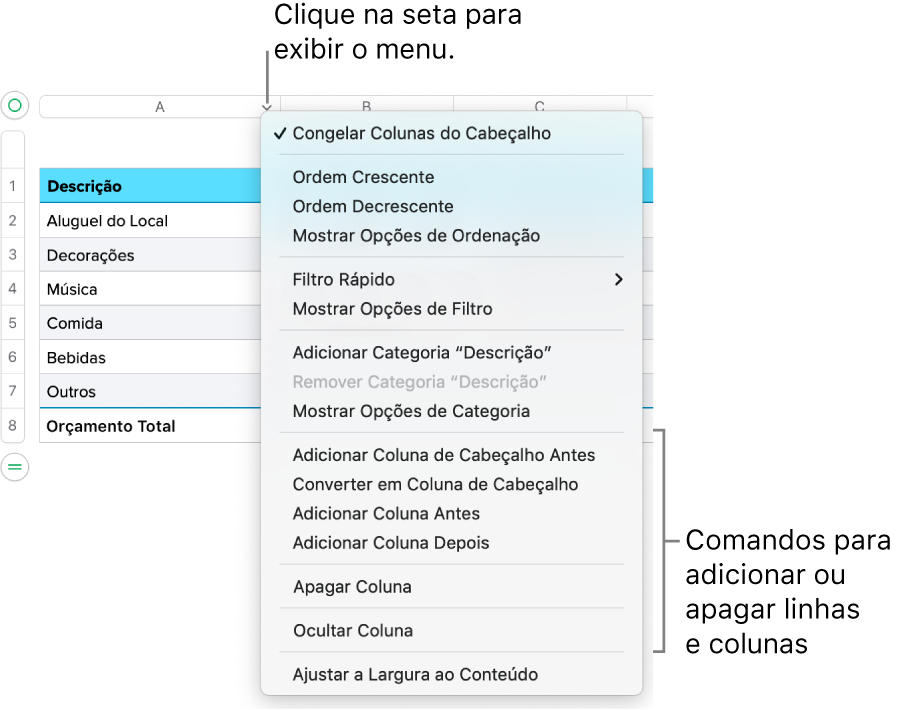 Menu da coluna de uma tabela com comandos para adicionar ou apagar linhas e colunas.