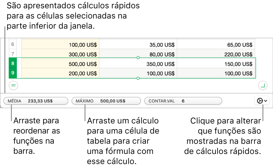 Arraste para reordenar as funções, arraste um cálculo para uma célula de tabela para adicioná-lo ou clique no menu de alterar funções para alterar as funções que são mostradas.