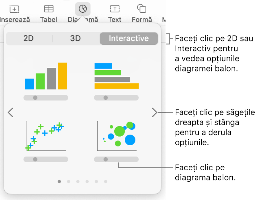 Meniul diagramei afișând diagrame interactive, inclusiv o opțiune de diagramă balon.