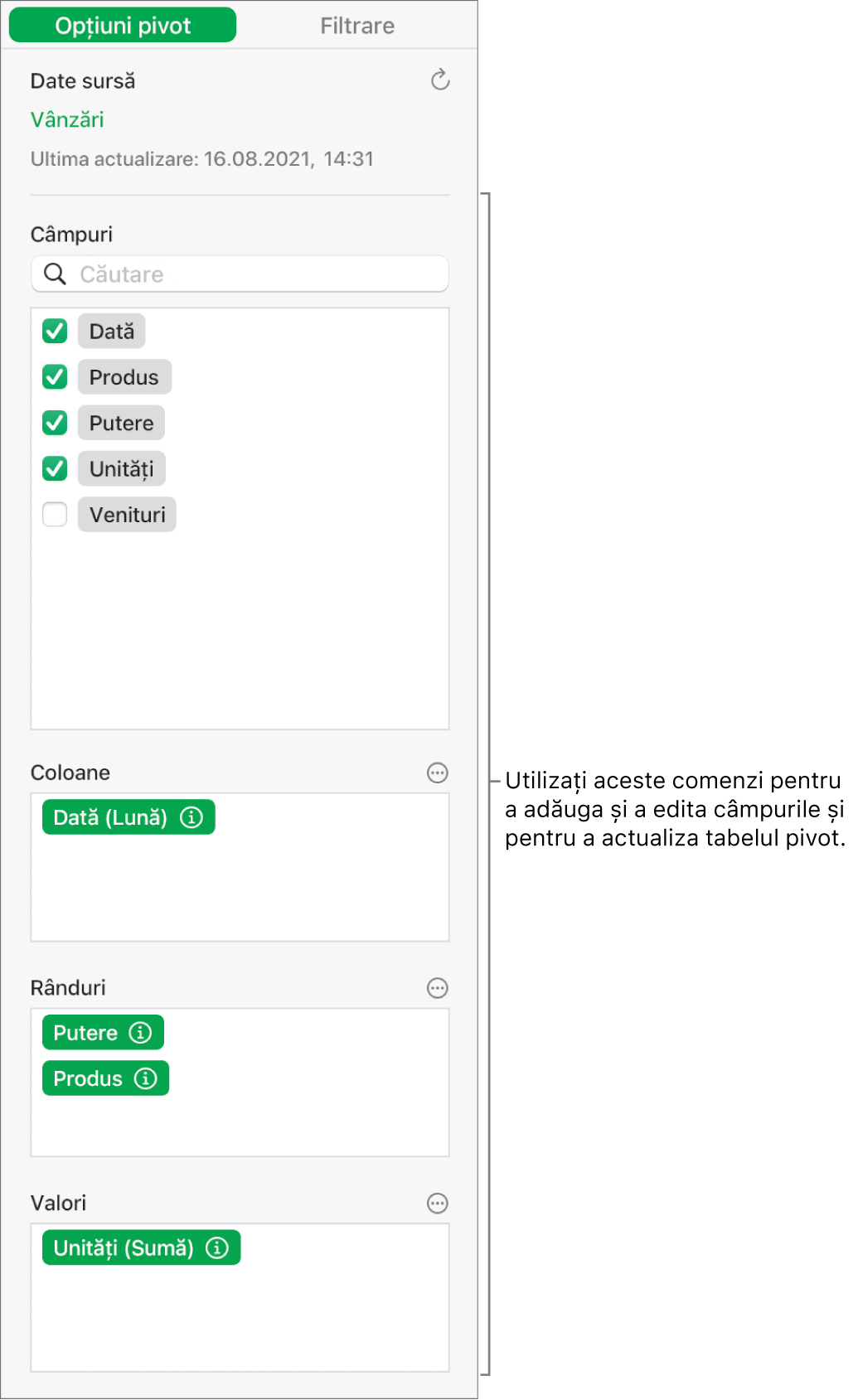 Meniul Opțiuni pivot afișând câmpurile din secțiunile Coloane, Rânduri și Valori și comenzile pentru editarea câmpurilor și reîmprospătarea tabelului pivot.