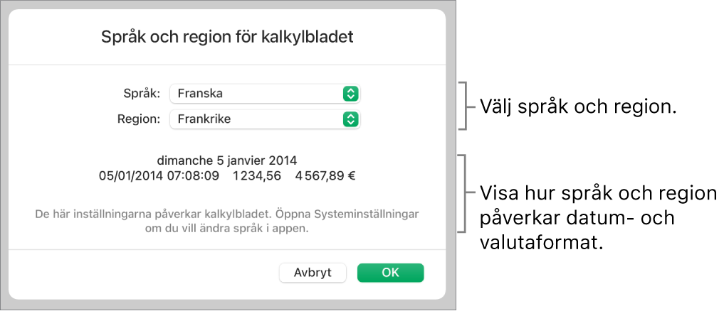 Panelen Språk och region med reglage för språk och region samt ett formatexempel med datum, tid, decimal och valuta.