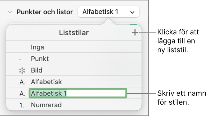 Popupmenyn Liststilar med en lägg till-knapp i det övre högra hörnet och ett platshållarstilnamn med markerad text.