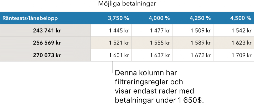 En lånetabell efter att den har filtrerats efter ekonomiskt hanterbara räntor,