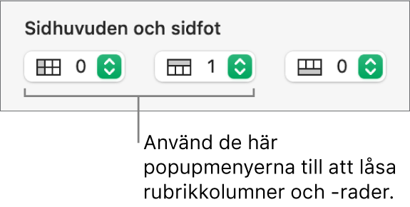 Popupmenyerna för att lägga till rubrik- och sidfotskolumner i en tabell och för att låsa rubrikrader och rubrikkolumner.