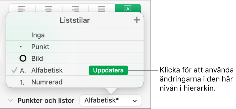 Popupmenyn Liststilar med knappen Uppdatera bredvid namnet på den nya stilen.