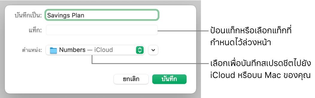 หน้าต่างโต้ตอบบันทึกเป็น