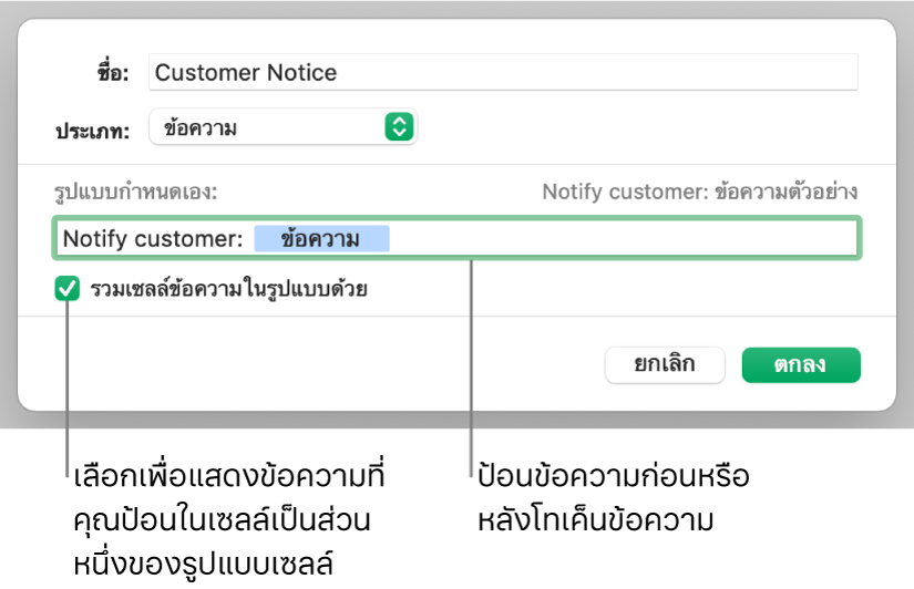 รูปแบบเซลล์ข้อความแบบกำหนดเอง