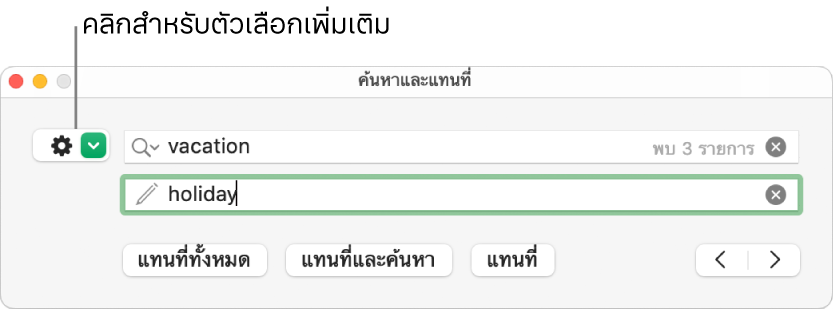 หน้าต่างค้นหาและแทนที่ที่มีคำบรรยายของปุ่มเพื่อแสดงตัวเลือกเพิ่มเติม