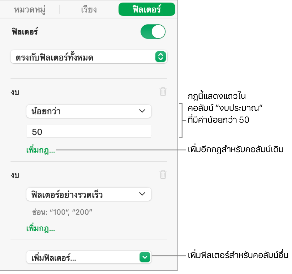 ตัวควบคุมสำหรับสร้างกฎการฟิลเตอร์