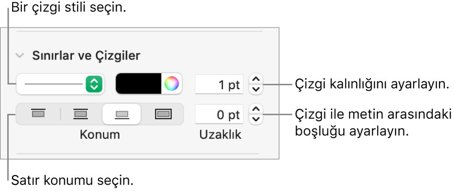 Çizgi stilini, kalınlığını, konumunu ve rengini değiştirmeye yönelik denetimler.