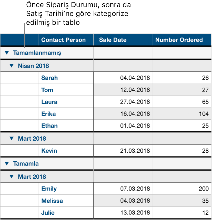 Satış tarihi alt kategori olmak üzere verilerin sipariş durumuna göre kategoriye ayrıldığı bir tablo.