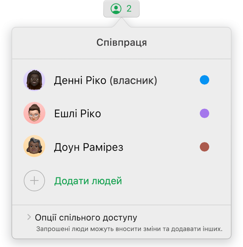 Меню «Співпраця» з іменами людей, які спільно працюють над електронною таблицею. Опції спільного доступу відображаються під іменами.