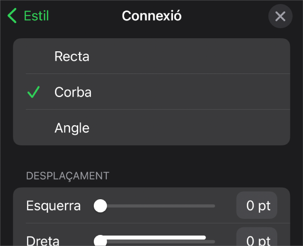 Els controls Connexió amb l'opció Corba seleccionada.