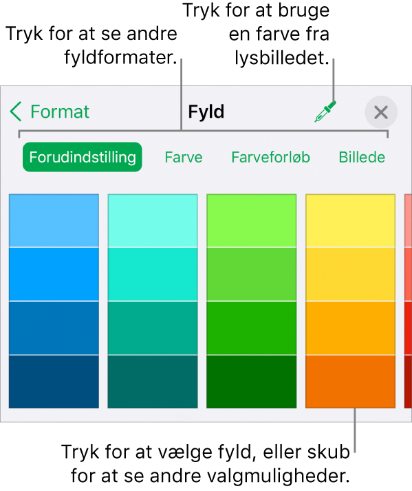 Fyldmuligheder på fanen Format til knappen Format.