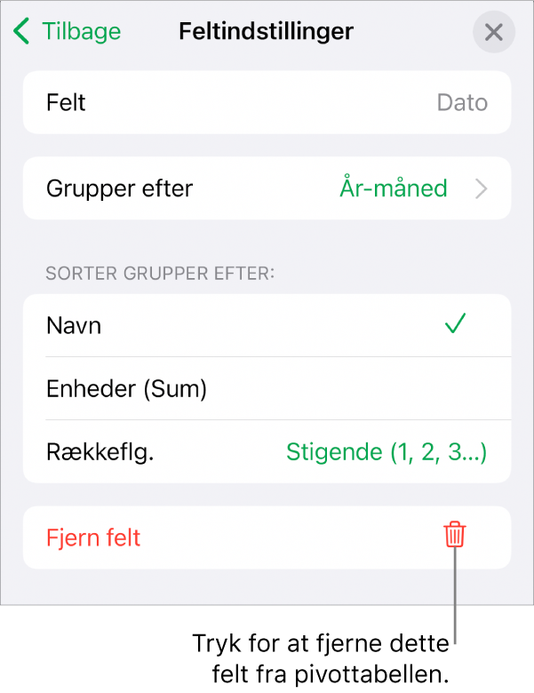 Menuen Feltindstillinger, der viser betjeningsmulighederne til gruppering og sortering af data samt muligheden for at fjerne et felt.