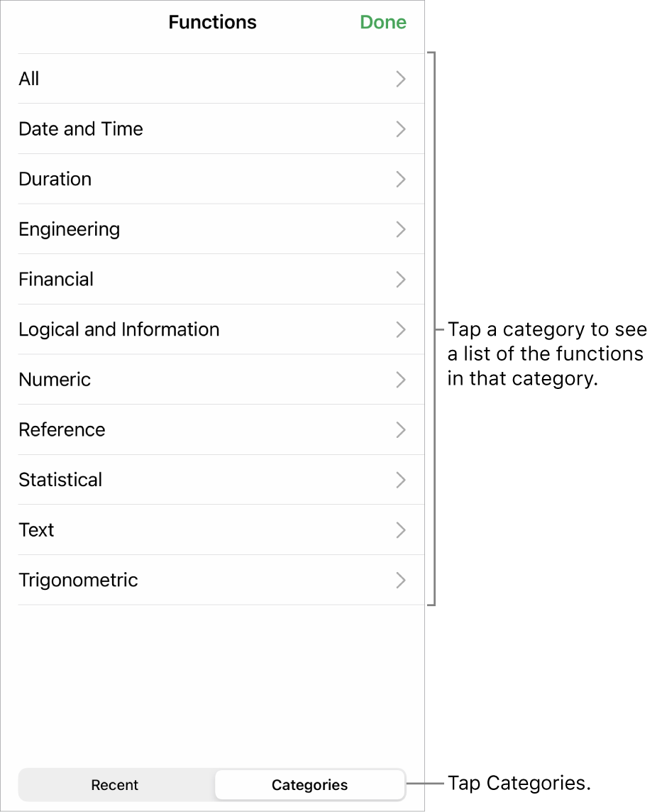 The Functions Browser with the Categories button selected and the list of categories below.