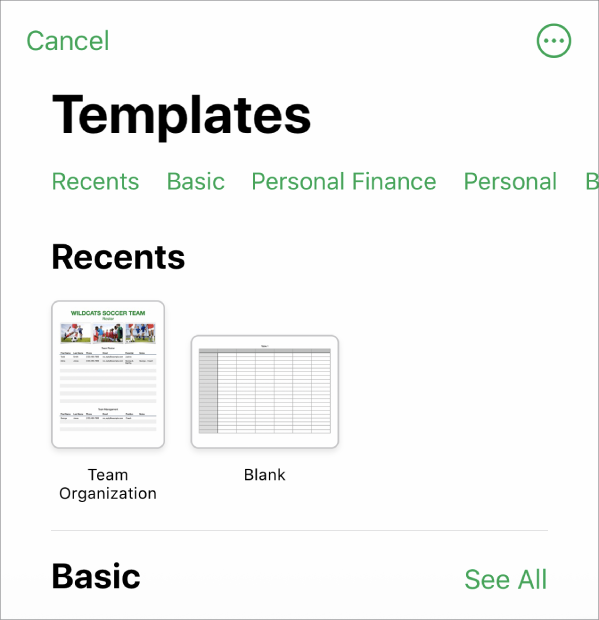 The template chooser, showing a row of categories across the top that you can tap to filter the options. Below are thumbnails of predesigned templates arranged in rows by category, starting with Recents at the top and followed by Basic. A See All button appears above and to the right of each category row. The Language and Region button is in the top-right corner.